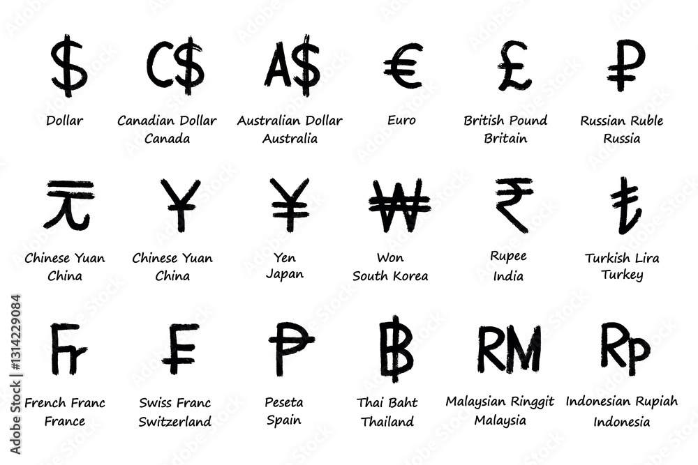 Hand drawn currency symbol set Dollar euro pound ruble yuan yen won rupee lira franc peseta baht ringgit rupiah Hand drawn currency symbol set Dollar euro pound ruble yuan yen won rupee lira franc peseta baht ringgit rupiah