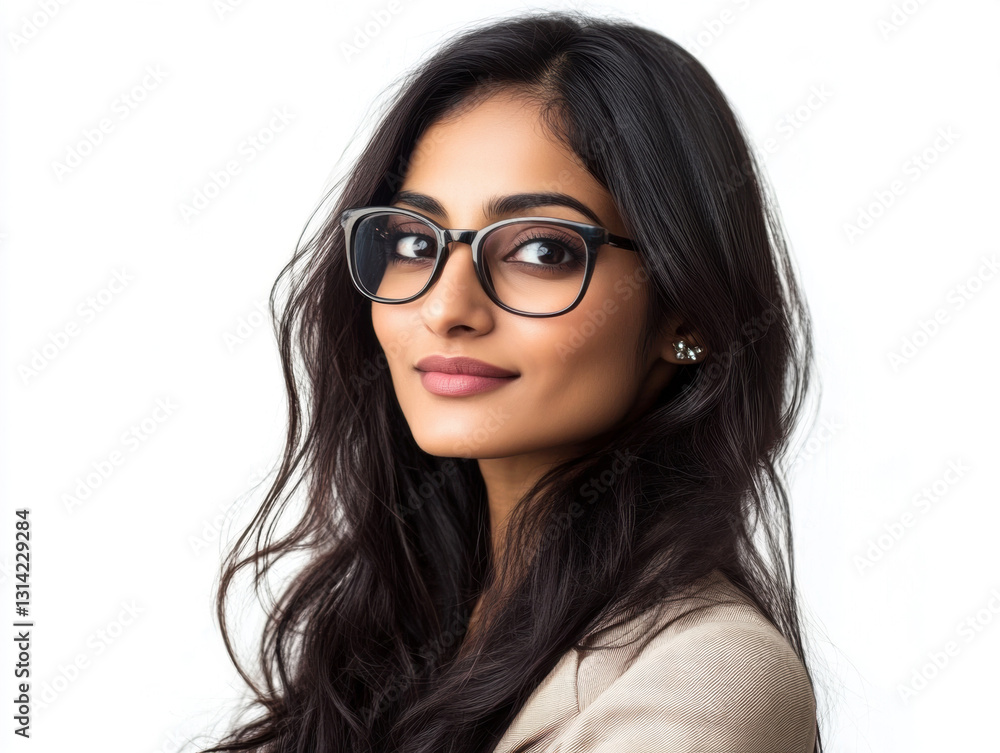 Young woman in glasses poses confidently against a plain background Young woman in glasses poses confidently against a plain background