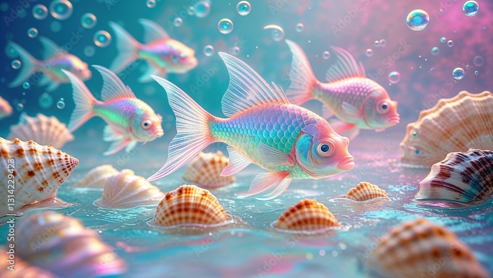 Fototapeta premium A group of cute, kawaii fish swim gracefully in a bright underwater environment filled with seashells and playful bubbles, showcasing their vibrant colors and whimsical charm