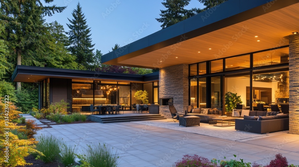 Fototapeta premium Modern Luxury Home with Spacious Patio at Sunset, Embracing Golden Hour Warmth and Elegance