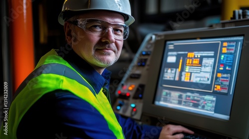 A man in a hard hat and safety vest monitors a computer screen, overseeing industrial operations with a focused expression