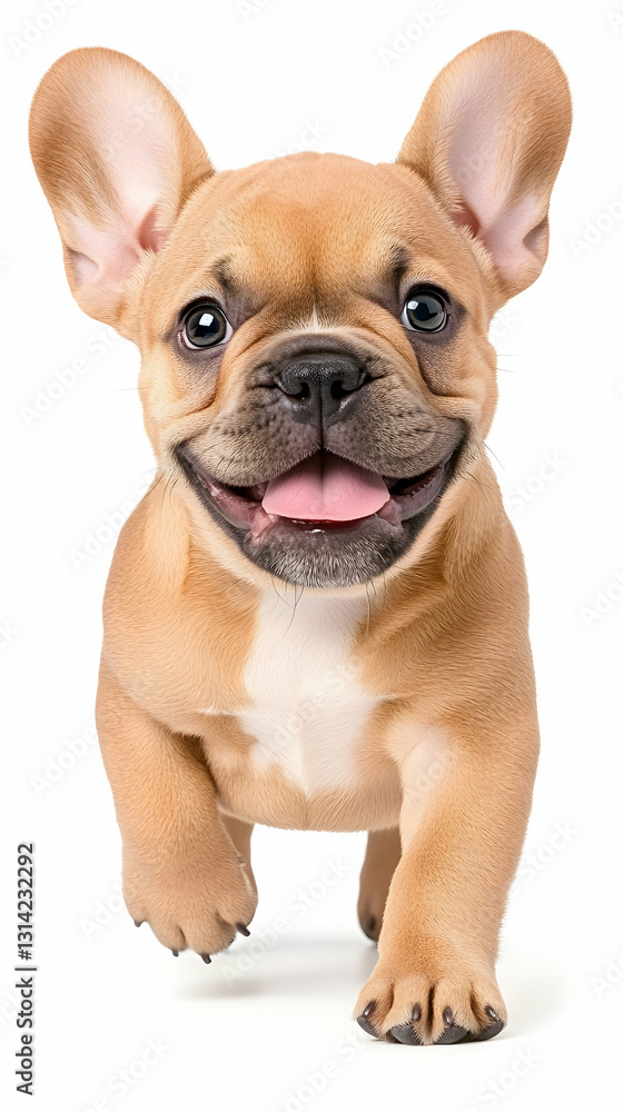 Happy, tan puppy with large ears runs forward, tongue out Happy, tan puppy with large ears runs forward, tongue out