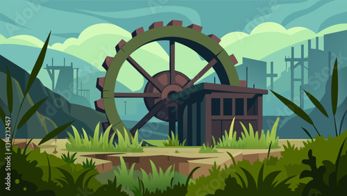 The abandoned waterwheel was a hidden gem in the overgrown fields a reminder of the once thriving industrial age.. Vector illustration