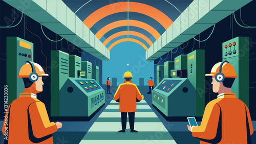 The rhythmic t of generators echoes through the vast halls of the thermal power station as workers monitor the production of electricity.. Vector illustration
