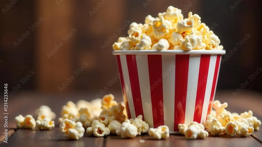 A delightful serving of freshly popped popcorn in a classic striped container, scattered kernels adding to the tempting scene on a dark wooden surface. A delightful serving of freshly popped popcorn in a classic striped container, scattered kernels adding to the tempting scene on a dark wooden surface.