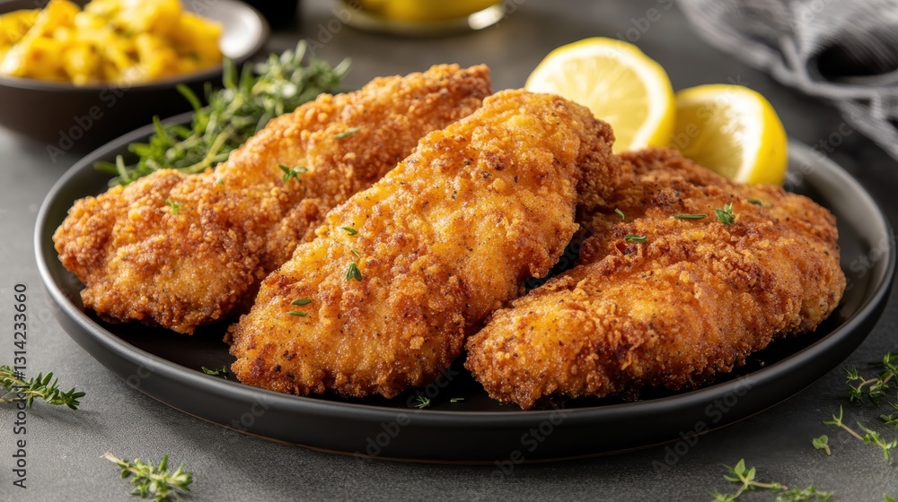 Crispy Fried Fish Fillets with Lemon Slices and Fresh Herbs on a Dark Plate for Gourmet Presentation Crispy Fried Fish Fillets with Lemon Slices and Fresh Herbs on a Dark Plate for Gourmet Presentation