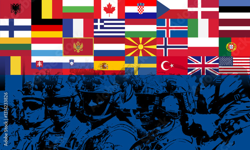 A striking image of NATO forces, with heavily equipped soldiers beneath the alliance’s member flags, symbolizing unity, protection, and military readiness