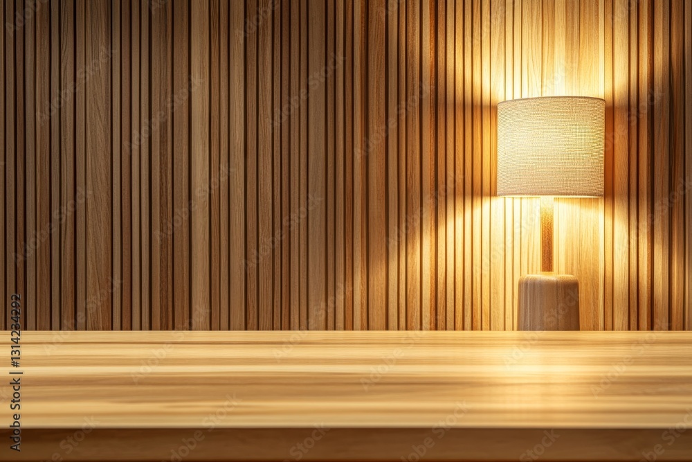 Empty wooden table in front of blurred wooden wall and light lamp background. Ready for product display montage. High quality photo Empty wooden table in front of blurred wooden wall and light lamp background. Ready for product display montage. High quality photo