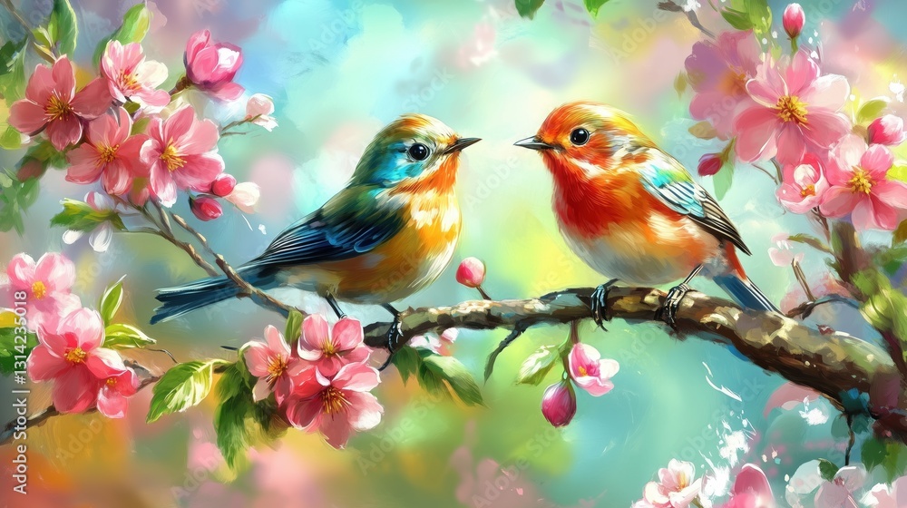 Colorful Birds on a Blossom Tree – Springtime Painting Colorful Birds on a Blossom Tree – Springtime Painting