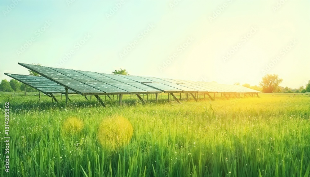 Fototapeta premium Solar panels in a green field under bright sunlight, promoting renewable energy