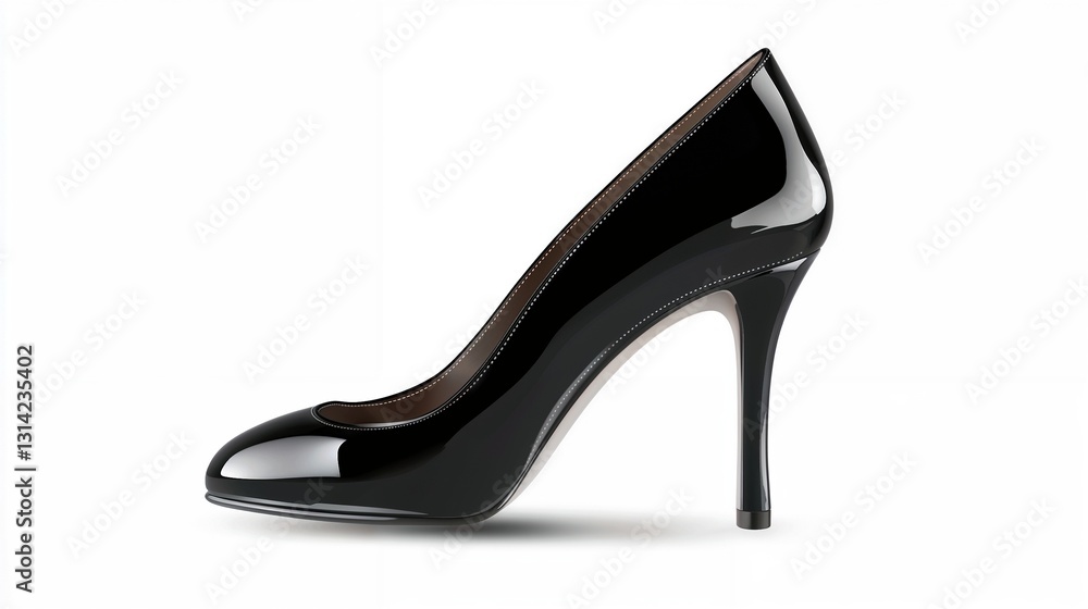 Glossy black high heel shoe with a sleek design on a white background Glossy black high heel shoe with a sleek design on a white background