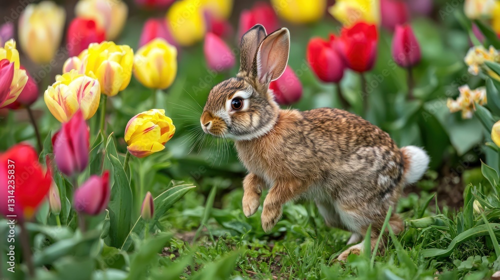 Fototapeta premium A bunny hopping through a colorful field of tulips.