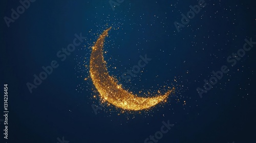 A golden crescent moon made of stars against a dark blue background.