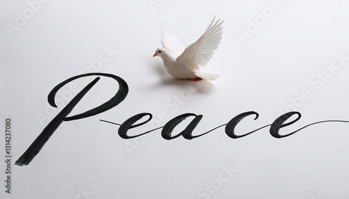 Obraz na płótnie PEACE 단어가 작은 평화의 비둘기 아이콘과 함께 따뜻한 분위기를 연출 w salonie
