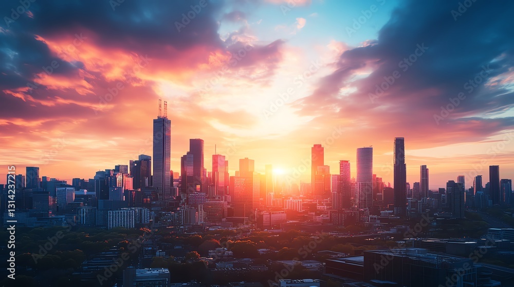 Fototapeta premium Vibrant sunset over a modern city skyline. Dramatic clouds and golden light illuminate the urban landscape. Perfect for backgrounds, travel, and city themes.