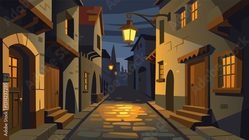 The quaint gaslit alleyways of the old town provided a sense of comfort and familiarity to its inhabitants despite their dimly lit surroundings.. Vector illustration