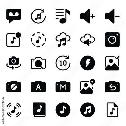 Glyph icons set for Audio, photography