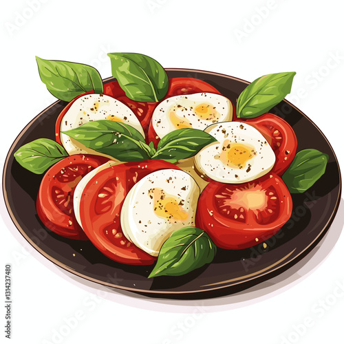 Caprese salad, basil, tomato, mozzarella, olive oil, oregano, black pepper, sea salt on a dark plate Top view. Healthy vegetarian mediterranean food concept Vector illustration on a white background