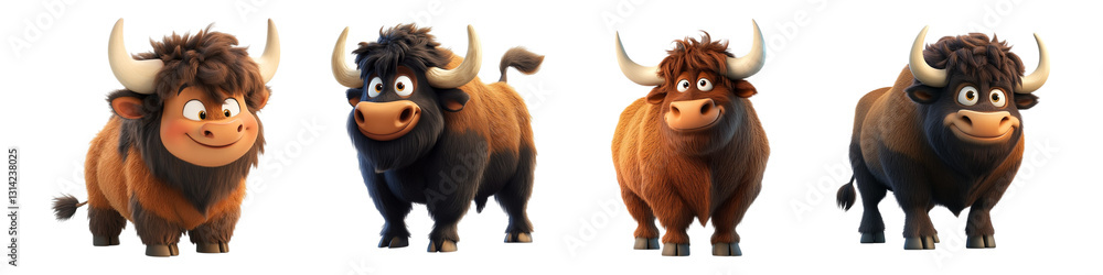 Fototapeta premium Set of cartoon yak characters displaying different expressions and poses isolated on transparent background, Cutout PNG