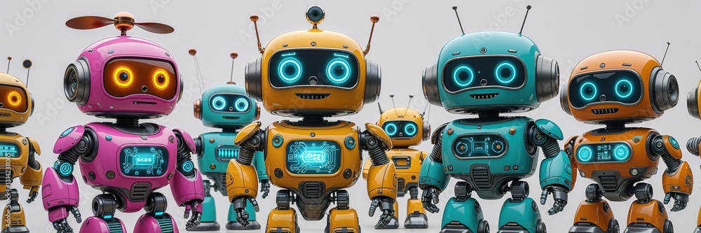Fototapeta premium A collection of playful 3D robots stands together, each with distinct colors and charming expressions. The cheerful lineup highlights their fun designs and friendly appearances, inviting interaction