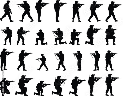 Dynamic black and white silhouette of soldiers in action poses, holding rifles, wearing helmets and boots, showcasing military training