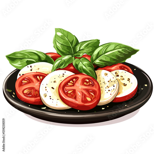 Caprese salad, basil, tomato, mozzarella, olive oil, oregano, black pepper, sea salt on a dark plate Top view. Healthy vegetarian mediterranean food concept Vector illustration on a white background