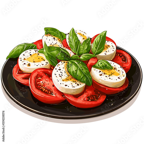Caprese salad, basil, tomato, mozzarella, olive oil, oregano, black pepper, sea salt on a dark plate Top view. Healthy vegetarian mediterranean food concept Vector illustration on a white background