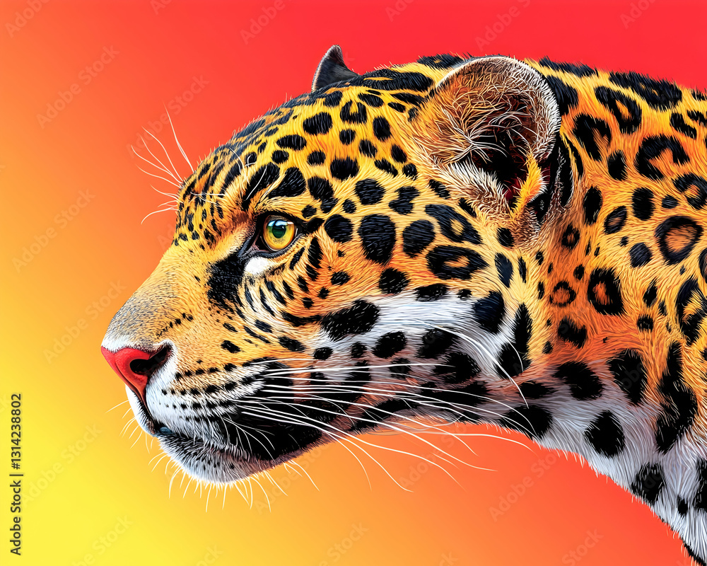 Obraz premium Jaguar portrait with distinct spots and piercing eyes on a bright gradient background