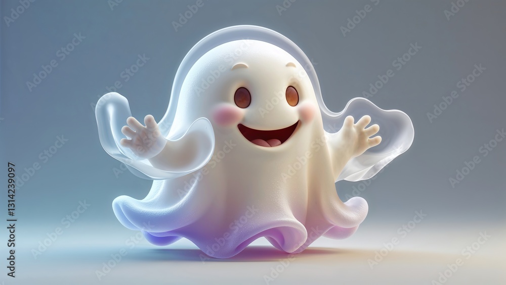 A charming 3D ghost character radiates joy with its friendly expression, waving its arms in a light and airy atmosphere, showcasing whimsical design elements that enchant viewers A charming 3D ghost character radiates joy with its friendly expression, waving its arms in a light and airy atmosphere, showcasing whimsical design elements that enchant viewers