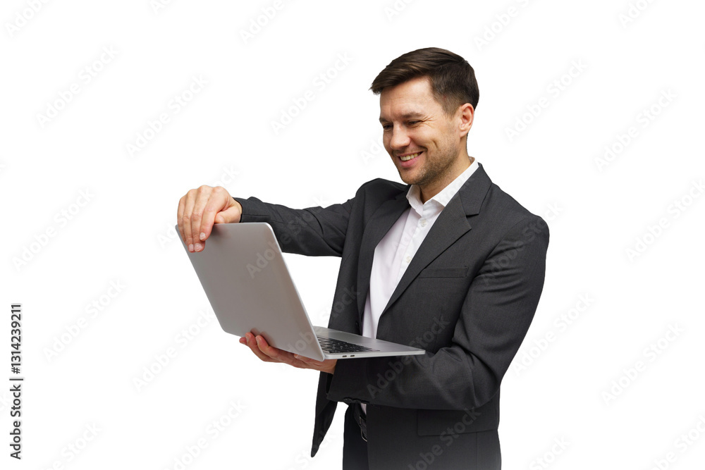 Business professional presenting a laptop while smiling in a modern office setting Business professional presenting a laptop while smiling in a modern office setting