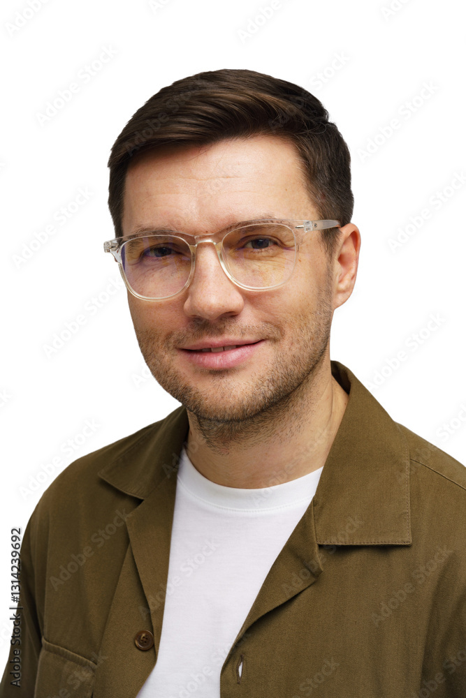 Young man with glasses smiling against a plain background while wearing a casual outfit Young man with glasses smiling against a plain background while wearing a casual outfit