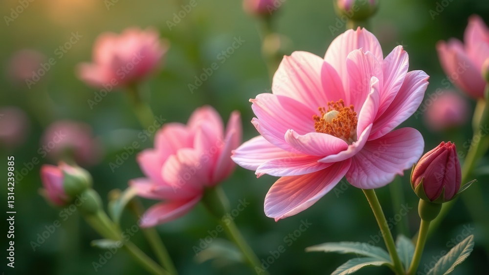 Delicate Pink Blooms Basking in Golden Hour Sunlight A Close-Up of a Flower Garden Delicate Pink Blooms Basking in Golden Hour Sunlight A Close-Up of a Flower Garden