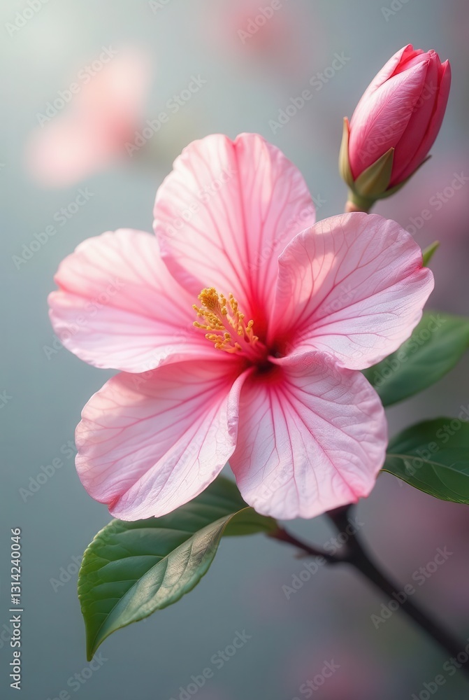 A Delicate Pink Hibiscus Blossom with a Bud, Gracefully Displayed on a Branch with Lush Green Foliage A Delicate Pink Hibiscus Blossom with a Bud, Gracefully Displayed on a Branch with Lush Green Foliage