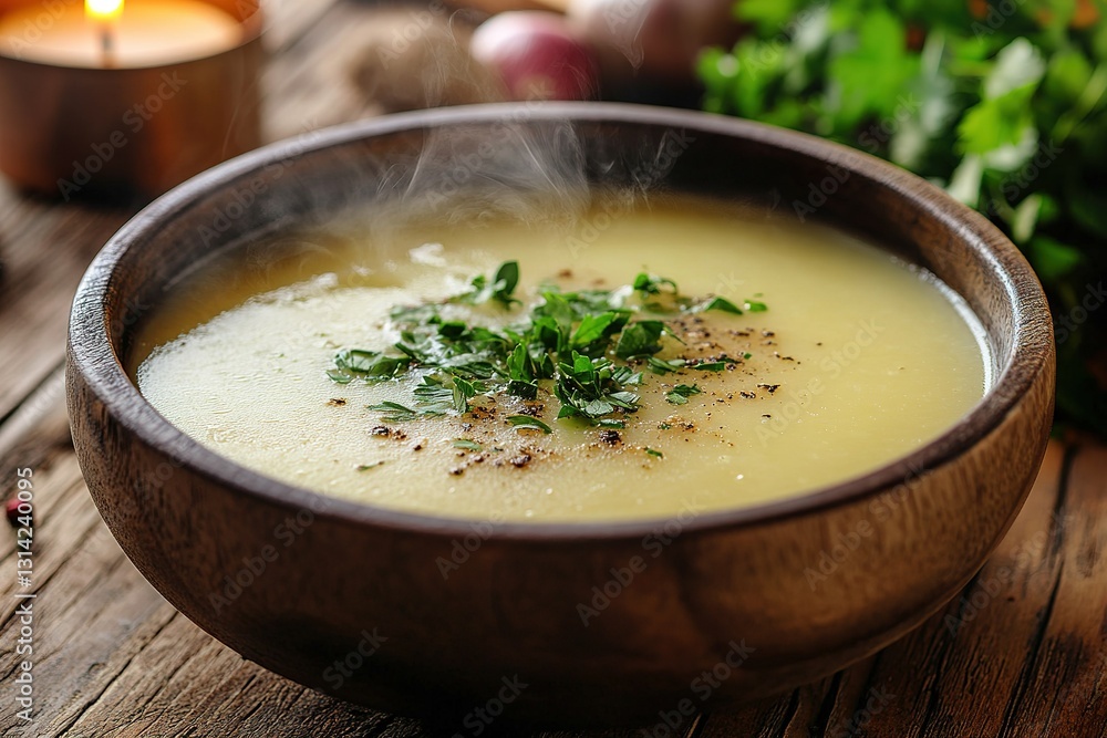 A steaming bowl of homemade soup on a rustic wooden table, fresh herbs sprinkled on top, soft candlelight in the background A steaming bowl of homemade soup on a rustic wooden table, fresh herbs sprinkled on top, soft candlelight in the background