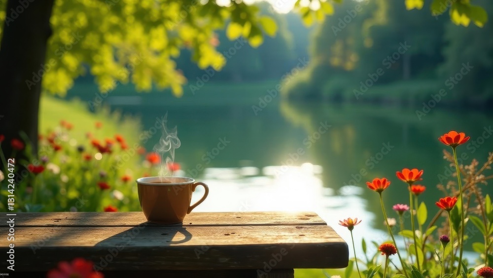 Serene Lakeside Moment A Warm Beverage and Blossoming Flowers at Dawn on a Rustic Wooden Table Serene Lakeside Moment A Warm Beverage and Blossoming Flowers at Dawn on a Rustic Wooden Table