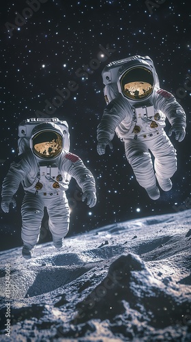 Two astronauts perform a spacewalk above a lunar landscape.  Stars and the dark cosmos form a dramatic backdrop.  A breathtaking image of space exploration.