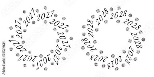 2027 2028 Outline New Year Date and snowflakes Black and White Circular Frame Copyspace Template Set