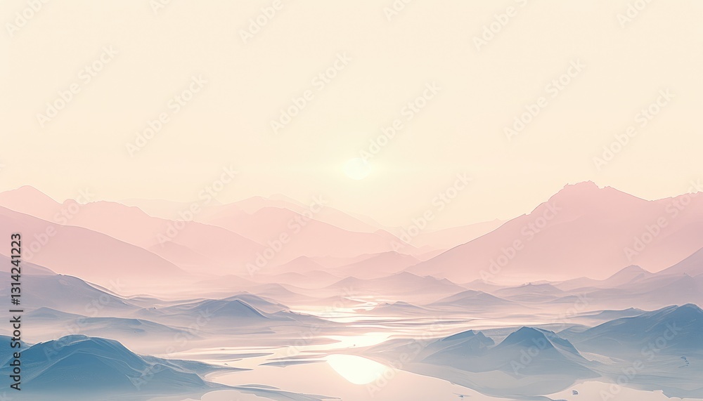 Obraz premium Gentle pastel landscape featuring mountains rivers and ethereal atmosphere