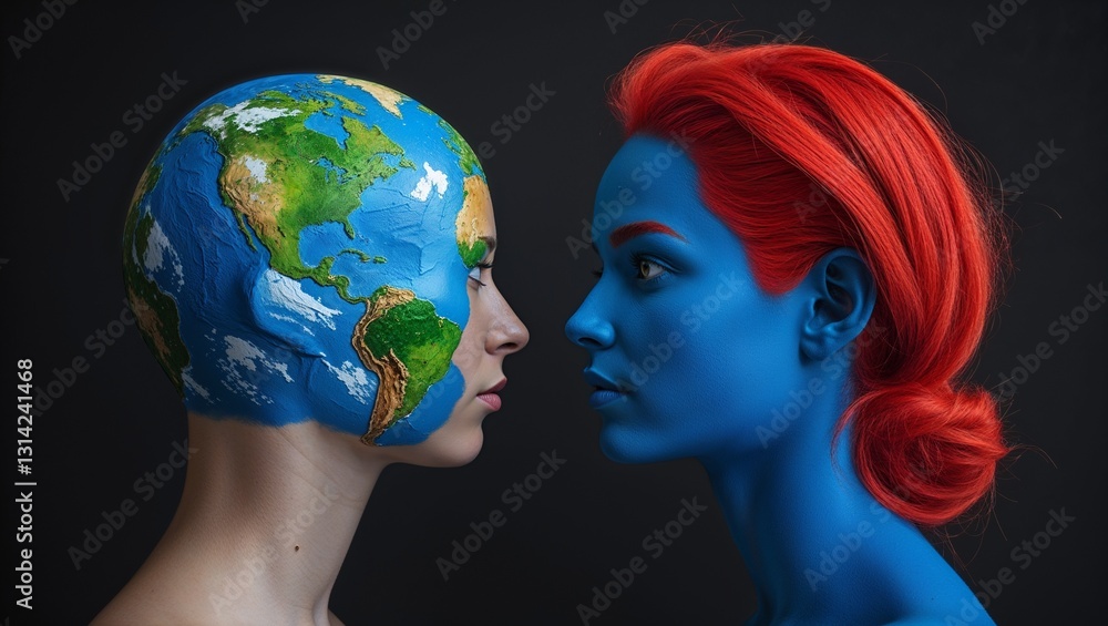 Naklejka premium Painted Heads Representing Earth and Creative Expression