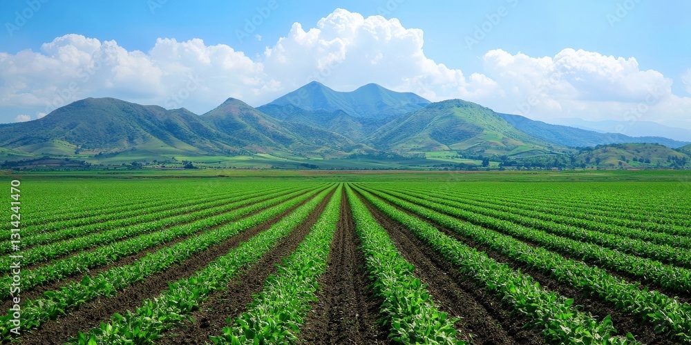 Financial Inclusion banking concept. Lush green farmland with mountains under a blue sky. Financial Inclusion banking concept. Lush green farmland with mountains under a blue sky.