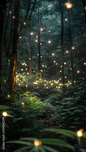 Low Angle Vertical Composition Enchanted Forest with Lights. Mystical, Magical Woods, Fantasy, Fairy Lights, Dark Greenery, Tropical, Dreamy.