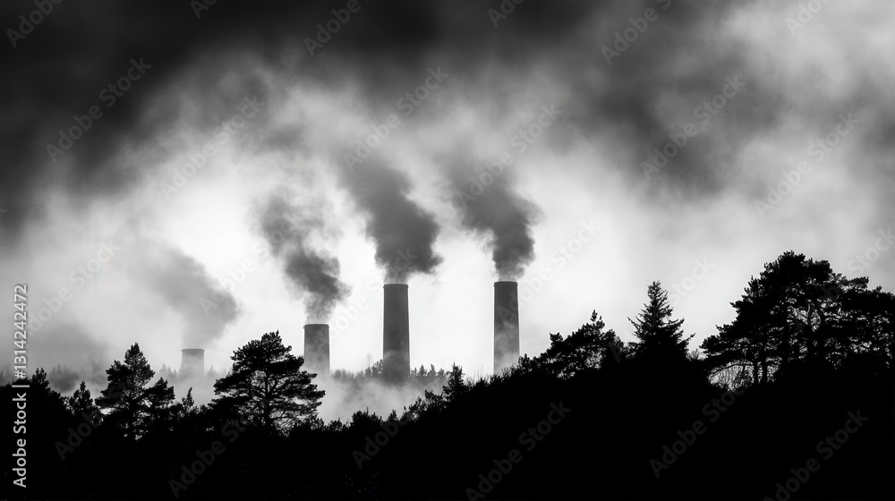 Smokestacks emitting dark smoke against a foggy landscape, showcasing industrial pollution effects Smokestacks emitting dark smoke against a foggy landscape, showcasing industrial pollution effects