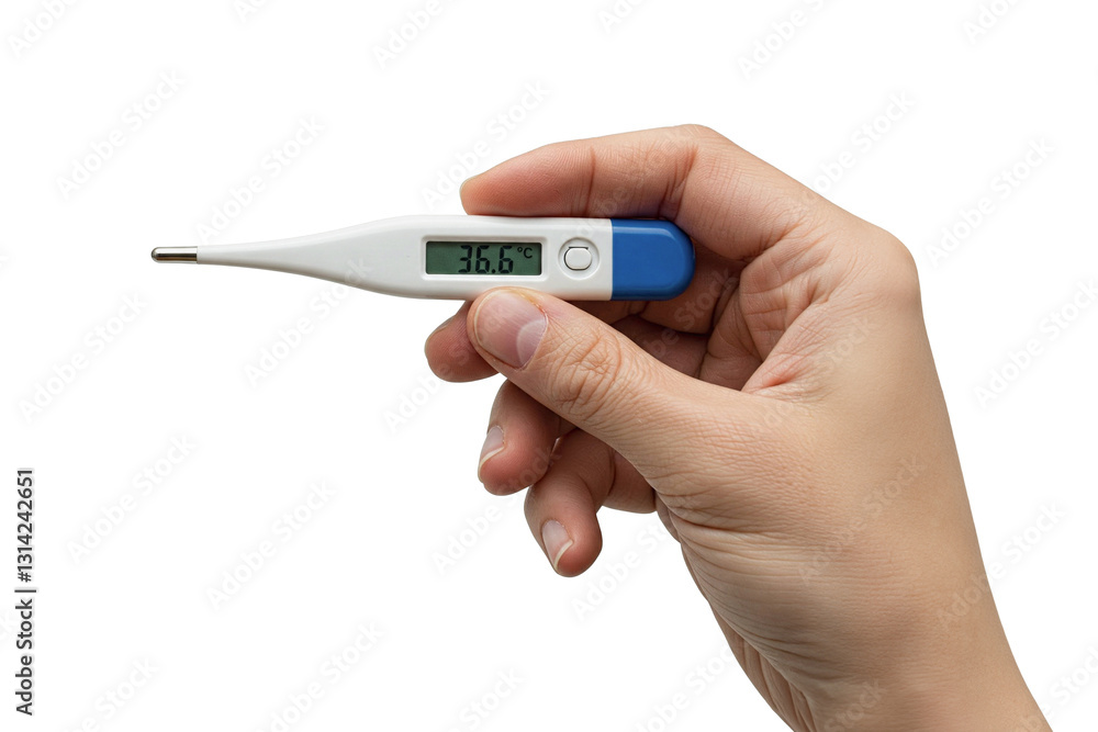 Hand holding a thermometer, on a white isolated background. Hands with a modern Hand holding a thermometer, on a white isolated background. Hands with a modern