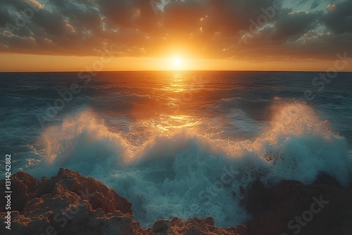 Vibrant Sunset Over Ocean Waves Crashing Against Rocky Shoreline Nature's Serene Beauty