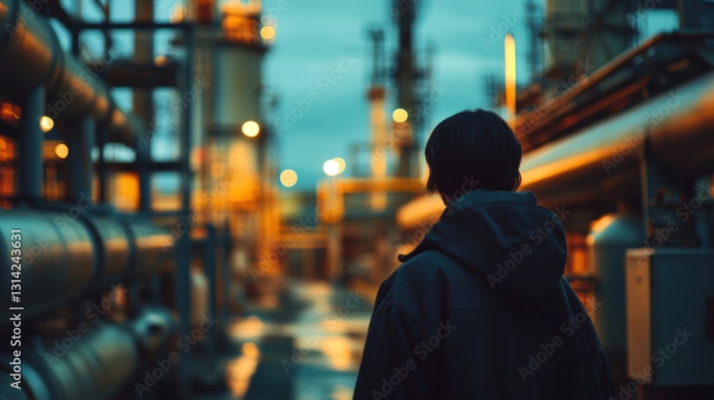 Fototapeta premium Industrial worker watches night's shift
