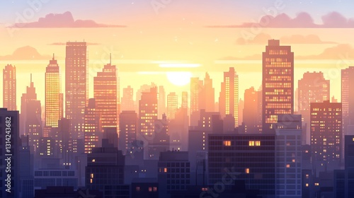 panoramic aerial view of financial district at sunrise
