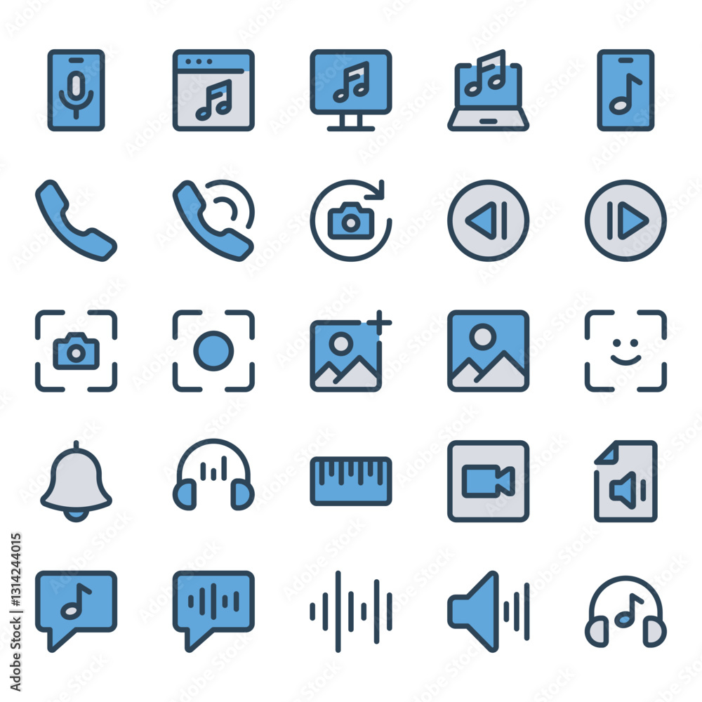Filled blue outline icons set for Audio, photography Filled blue outline icons set for Audio, photography