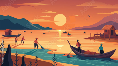 As the sun sets over a small fishing village fishermen return to shore and gather driftwood from the beach to bring back to their homes and boats for. Vector illustration