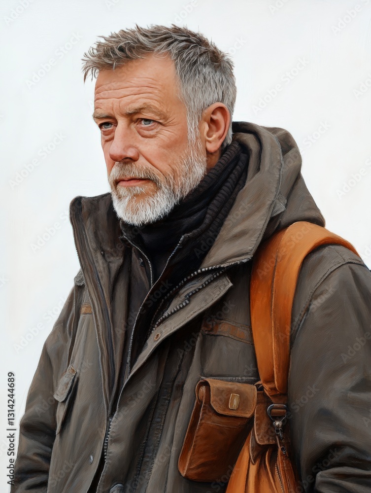 Fototapeta premium Portrait of a serious middle-aged man with salt-and-pepper beard, wearing a warm jacket and carrying a leather shoulder bag