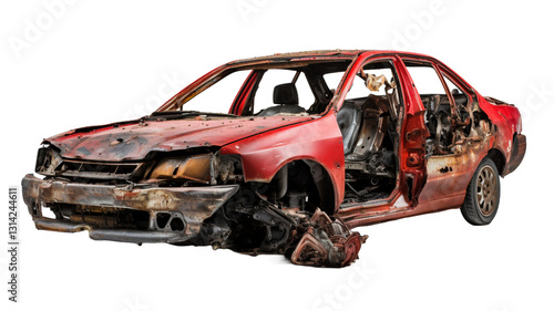 Unattended abandoned car on a scrap yard on transparent background.
